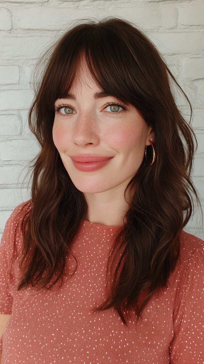 Rich Chestnut Waves with Seamless Curtain Bangs