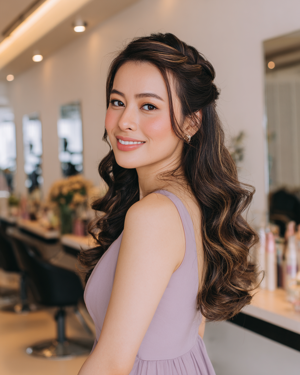 Romantic Half-Up Curls with Loose Waves