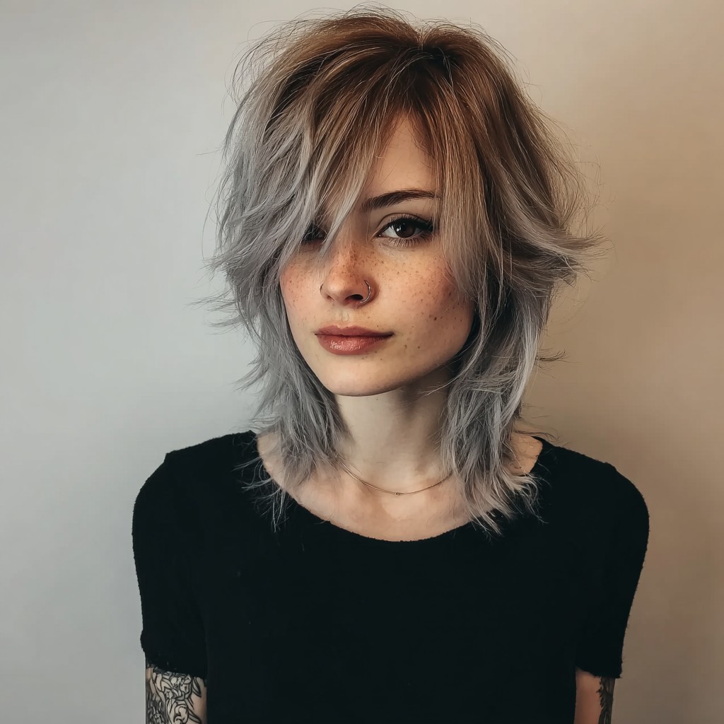 Silver Mist Textured Lob with Feathered Bangs