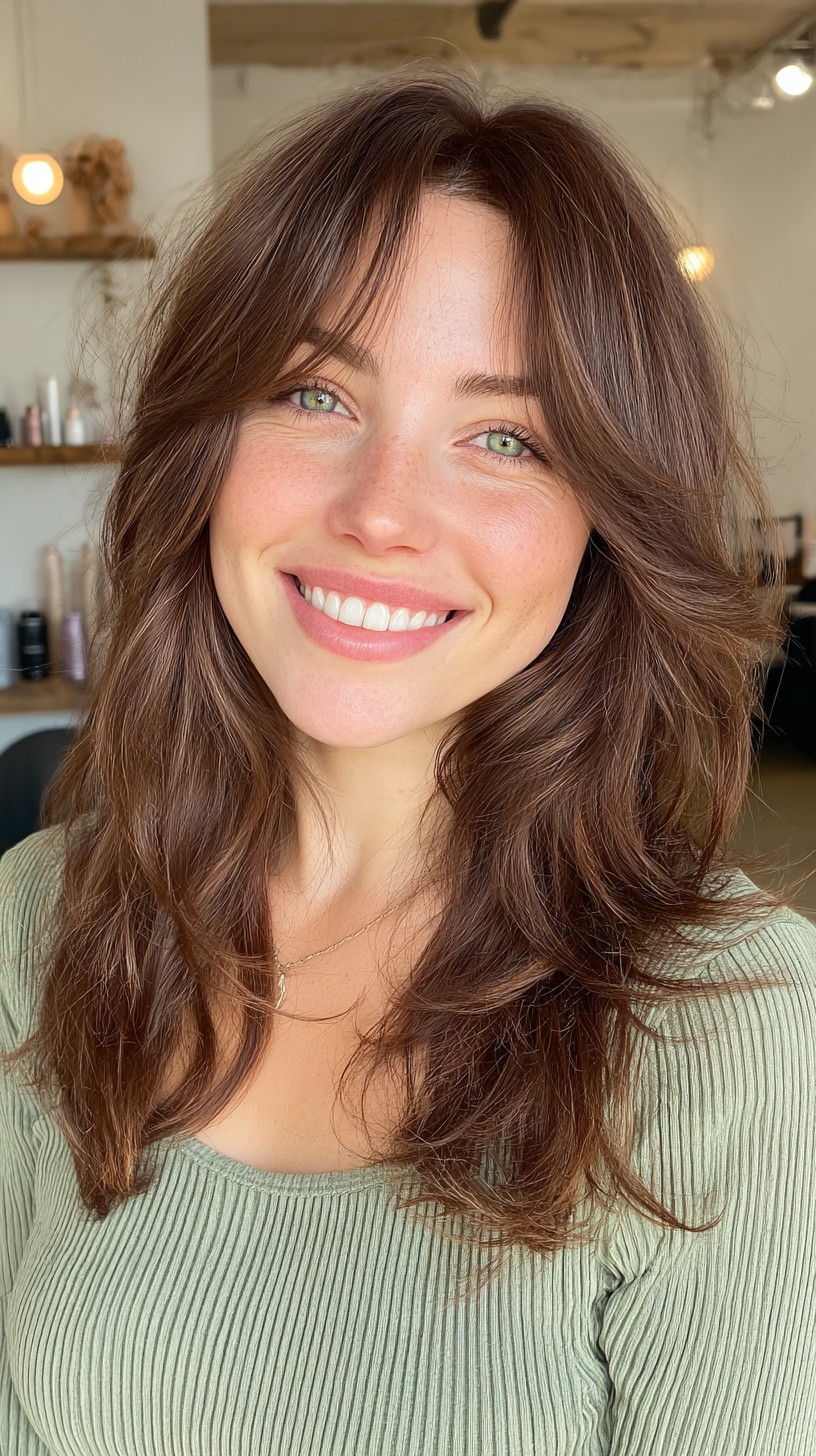 Soft Brunette Waves with Natural Curtain Bangs