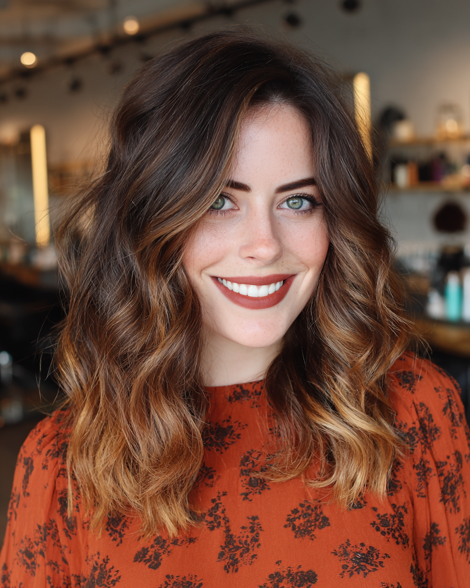Stylish Shoulder-Length Brown Balayage with Loose Waves