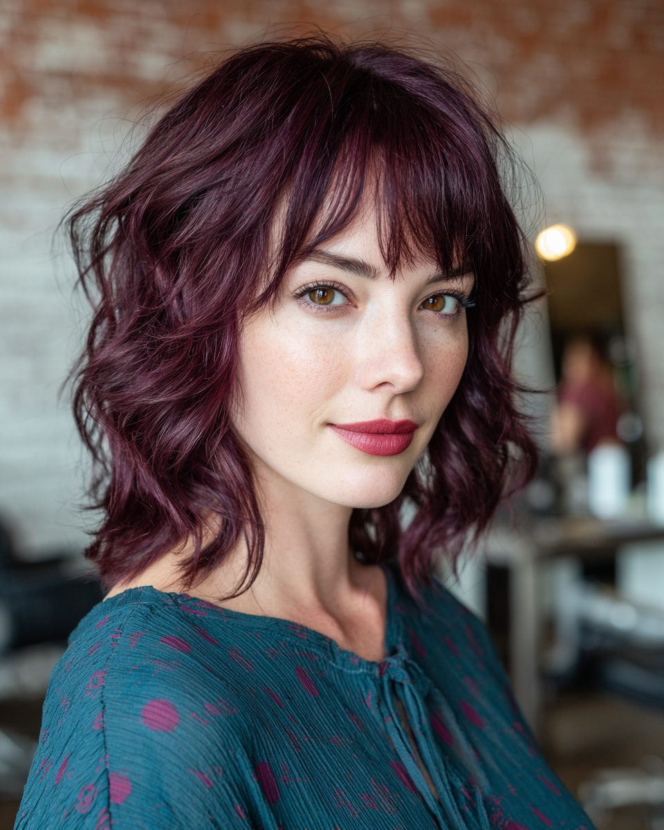 Trendy Curly Lob with Deep Plum Highlights