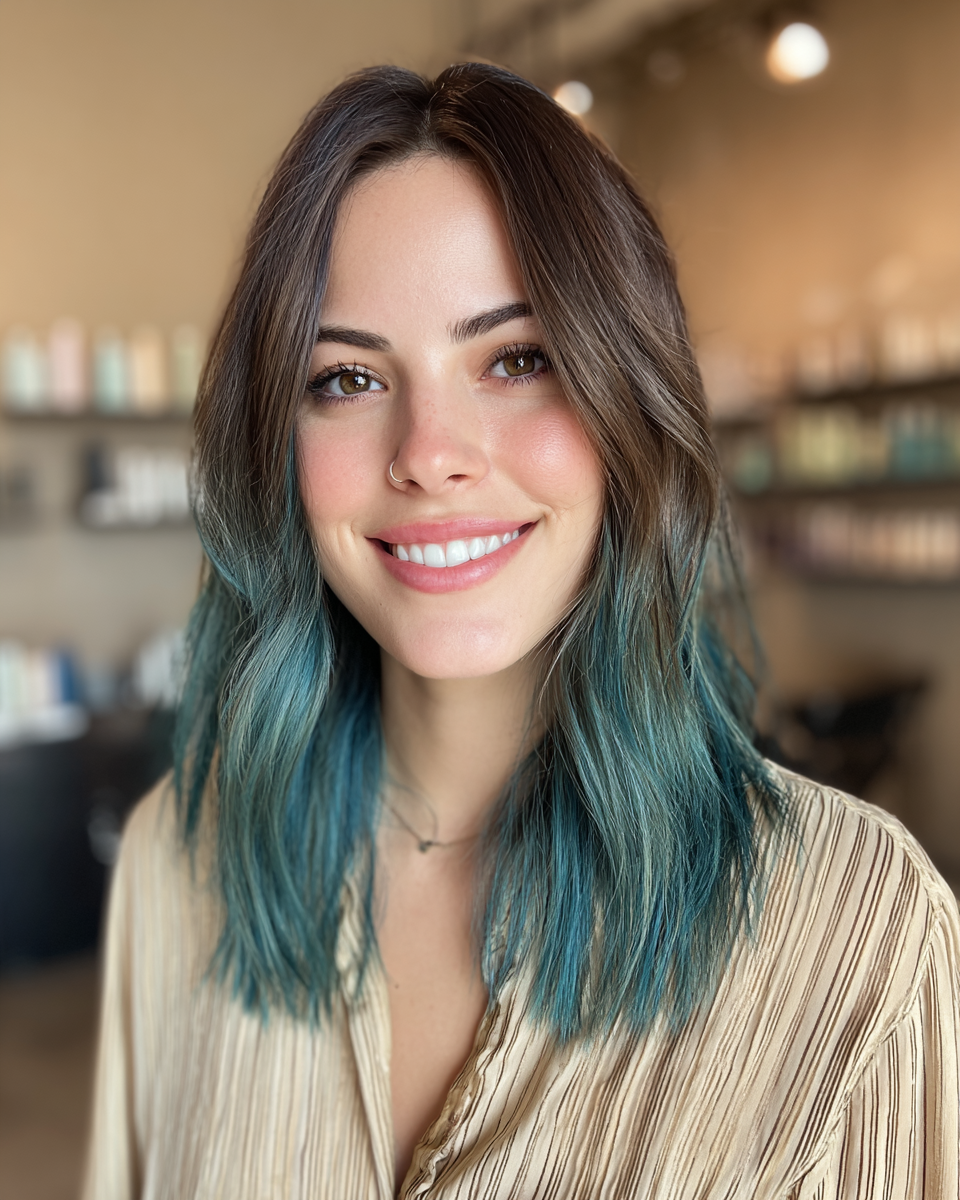 Trendy Shoulder-Length Waves with Teal Ombre