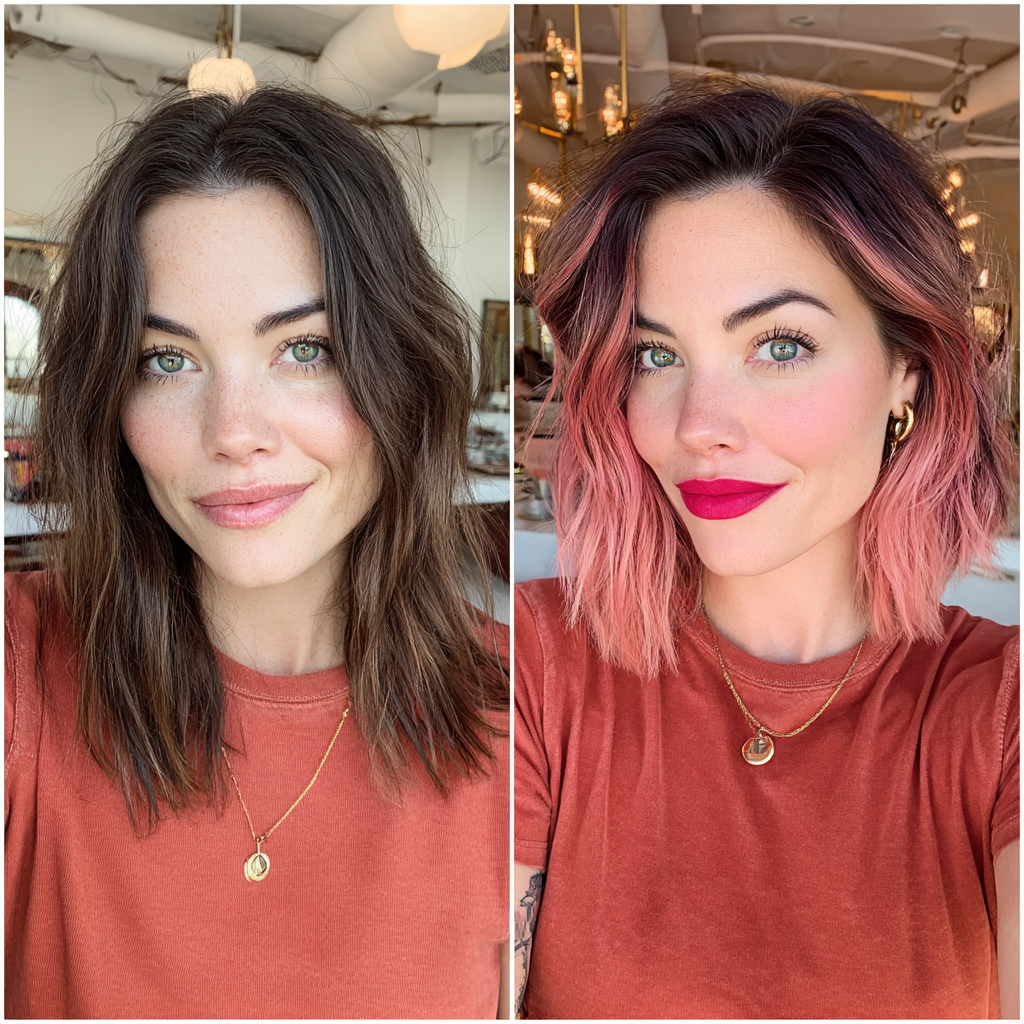 Trendy Textured Lob with Soft Pink Highlights