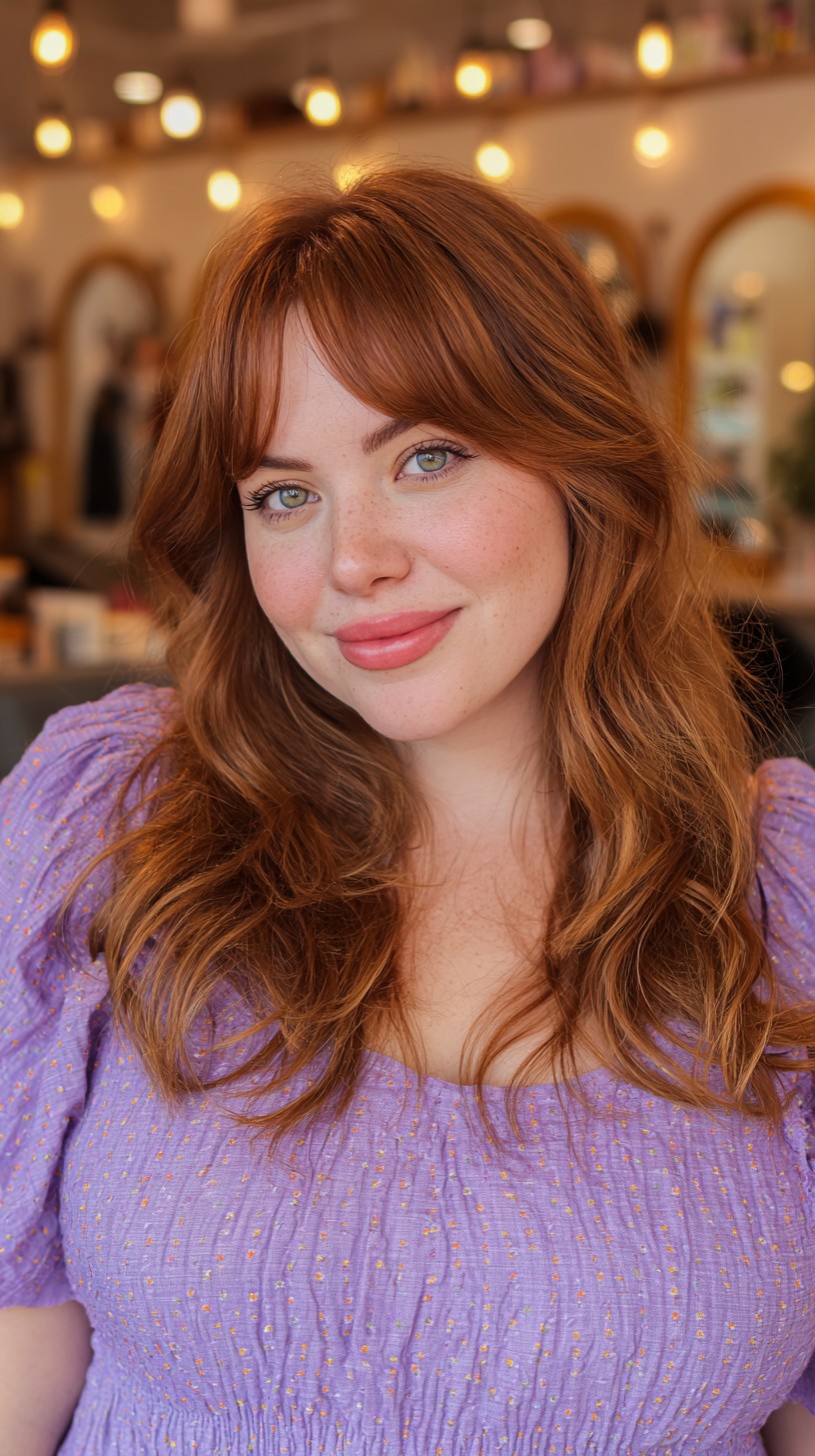 Vibrant Auburn Waves with Mid-Length Curtain Bangs