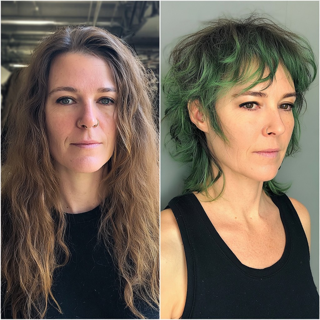 Vivid Emerald Tousled Waves with Fringed Bangs