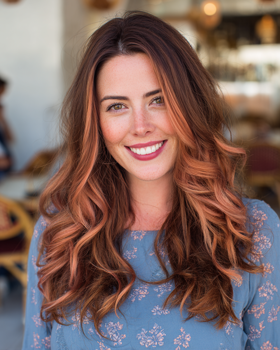 Warm Chestnut Waves with Coral Highlights