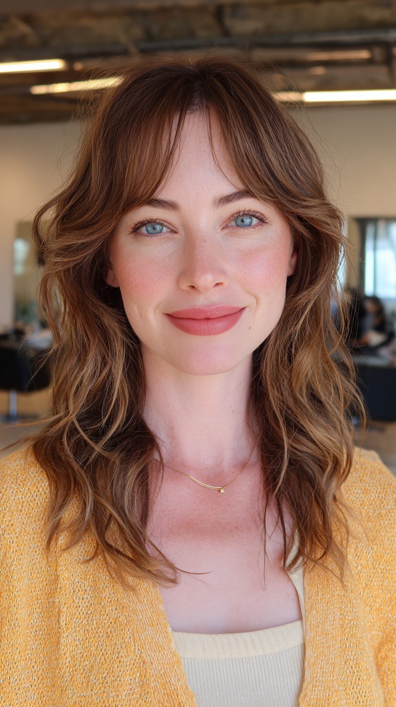 Wavy Chestnut Layers with Face-Framing Curtain Bangs