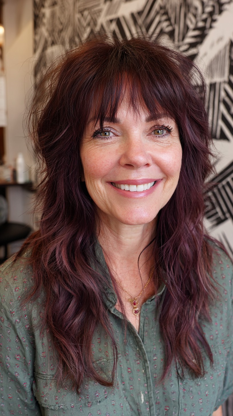 Burgundy Shag with Soft Wispy Bangs