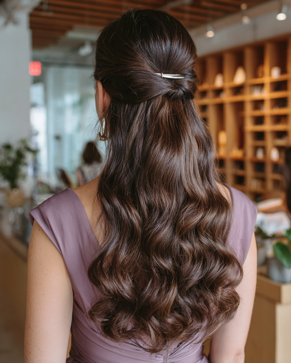 Chic Half-Up Loose Waves with Elegant Pin