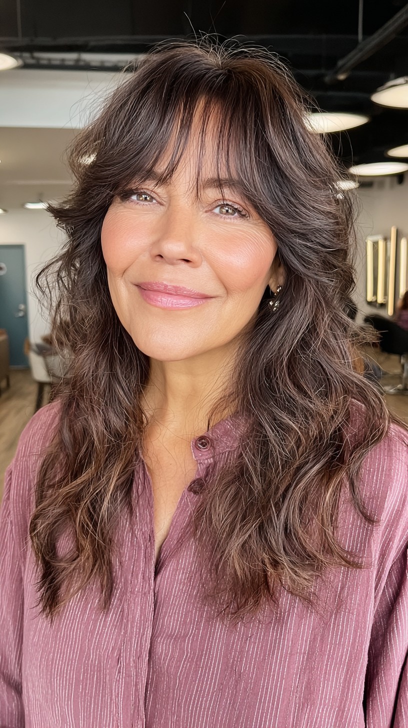 Effortless Chestnut Waves with Angular Bangs