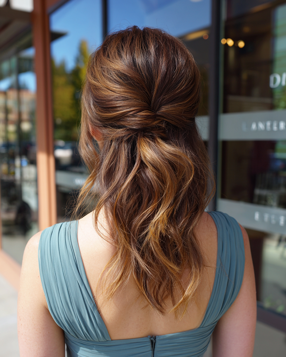 Effortless Textured Half-Up Style with Warm Highlights