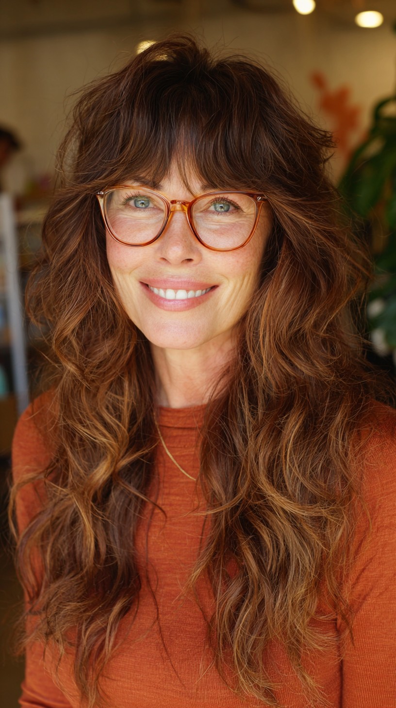 Effortlessly Curled Brunette Mullet with Fringe