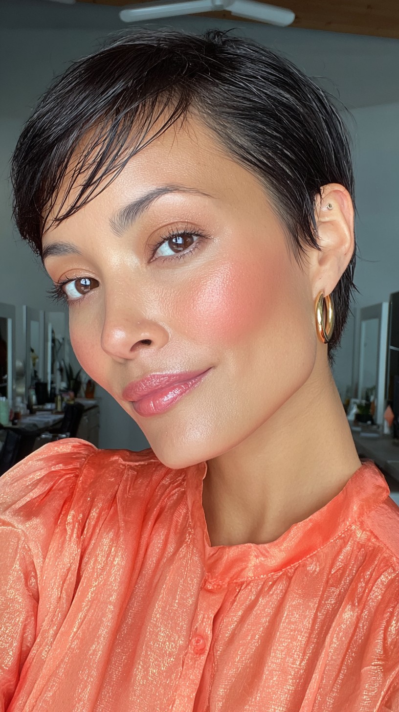 Glossy Layered Pixie with Side-Swept Bangs