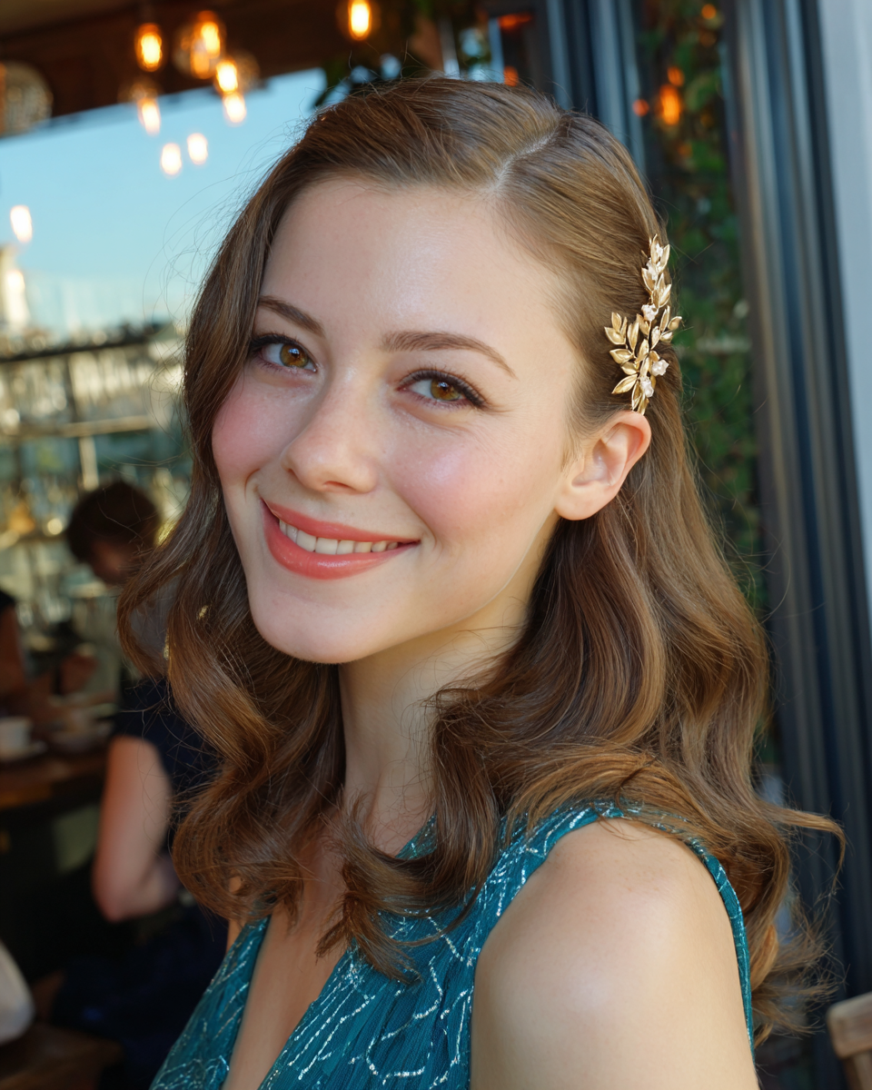 Softly Defined Loose Curls with Elegant Hair Accessory