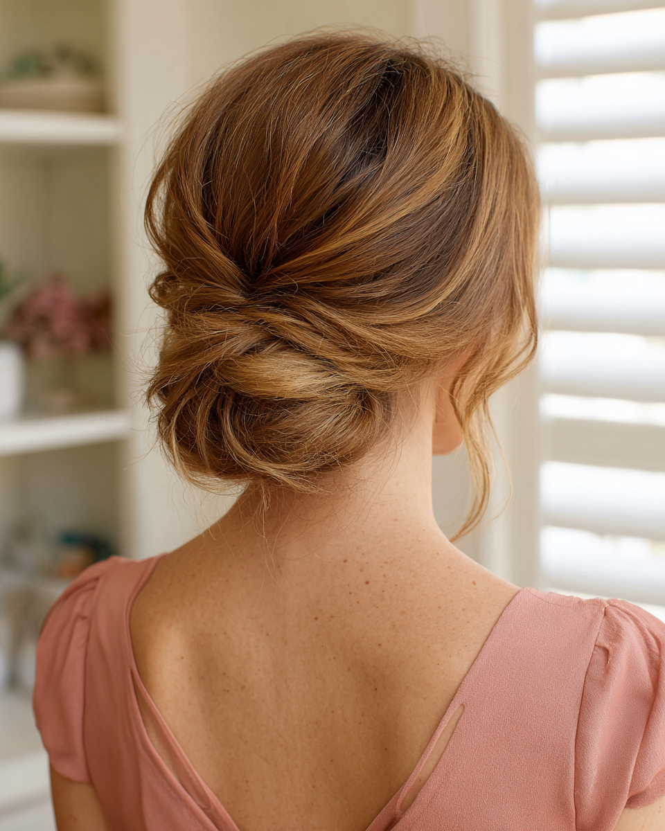 Softly Twisted Low Chignon with Gentle Highlights