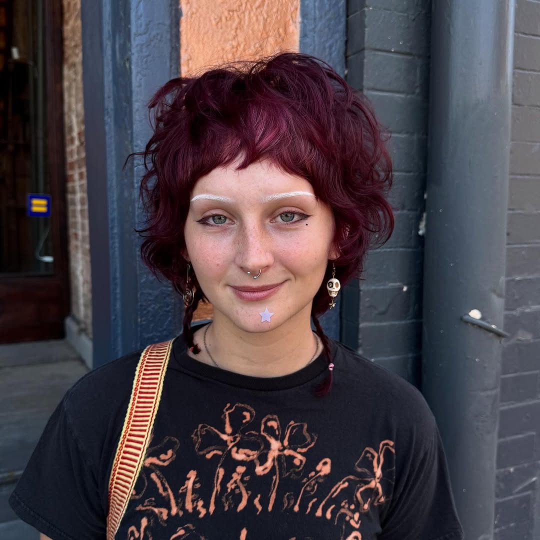 Burgundy Waves with Curled Bangs Mullet