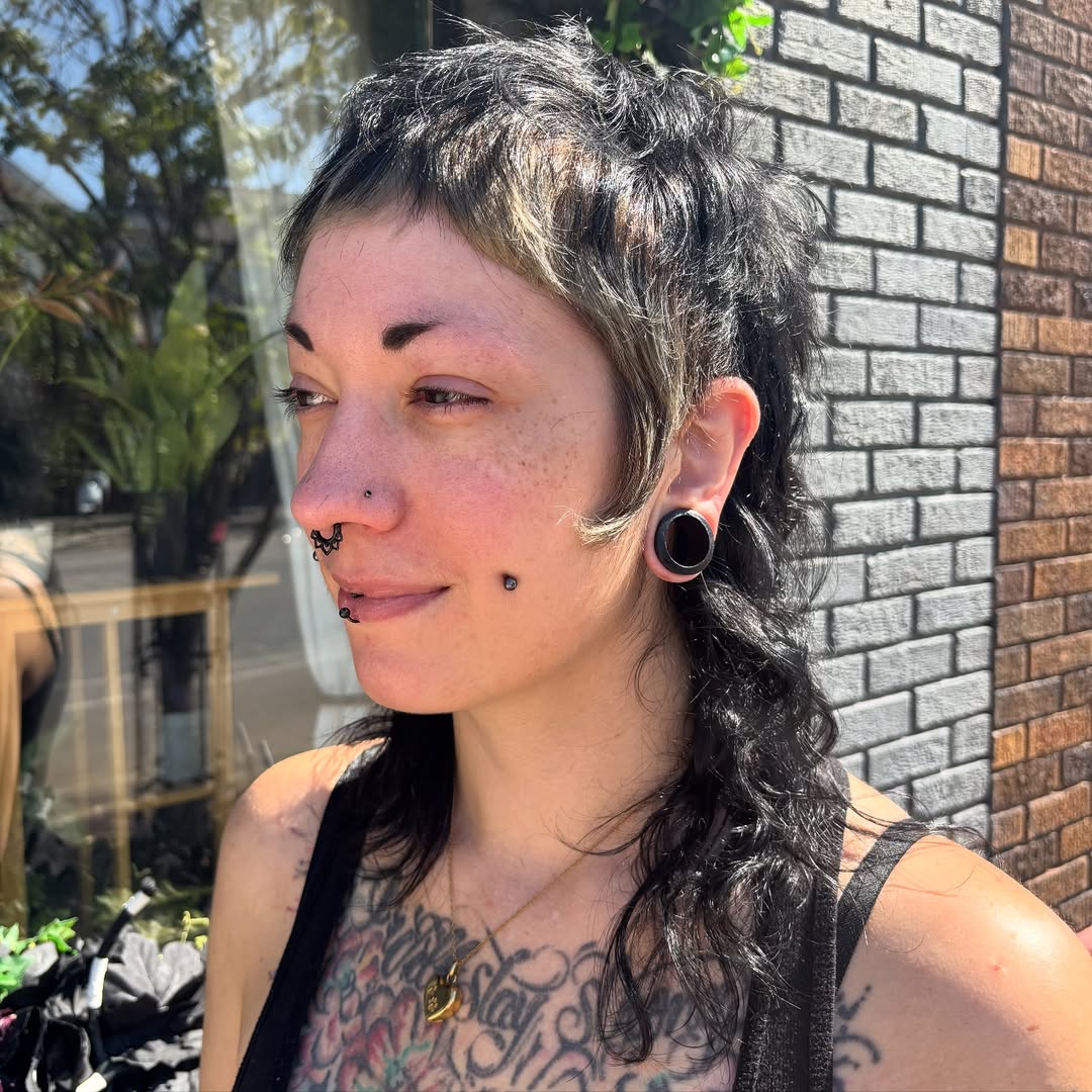 Casually Tousled Black Wavy Mullet with Disconnected Fringe