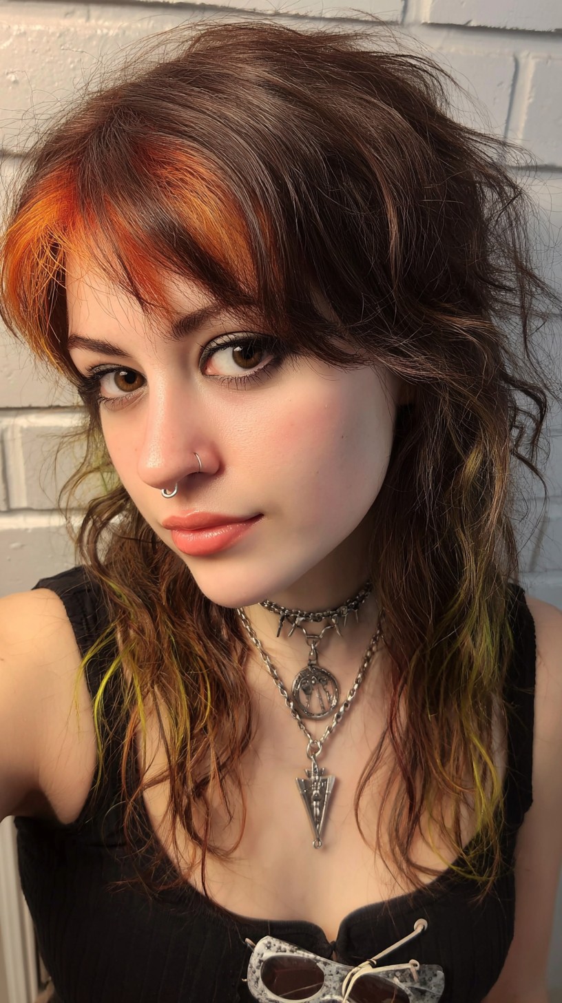 Disheveled Chestnut Bob with Vibrant Front Streaks