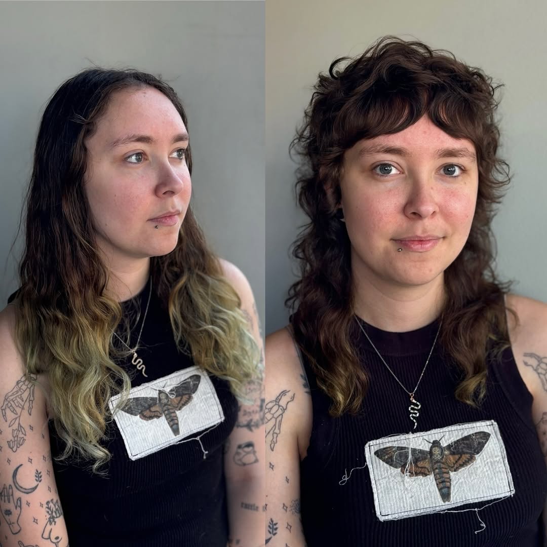 Dynamic Contrasting Wavy Mullet with Curly Bangs