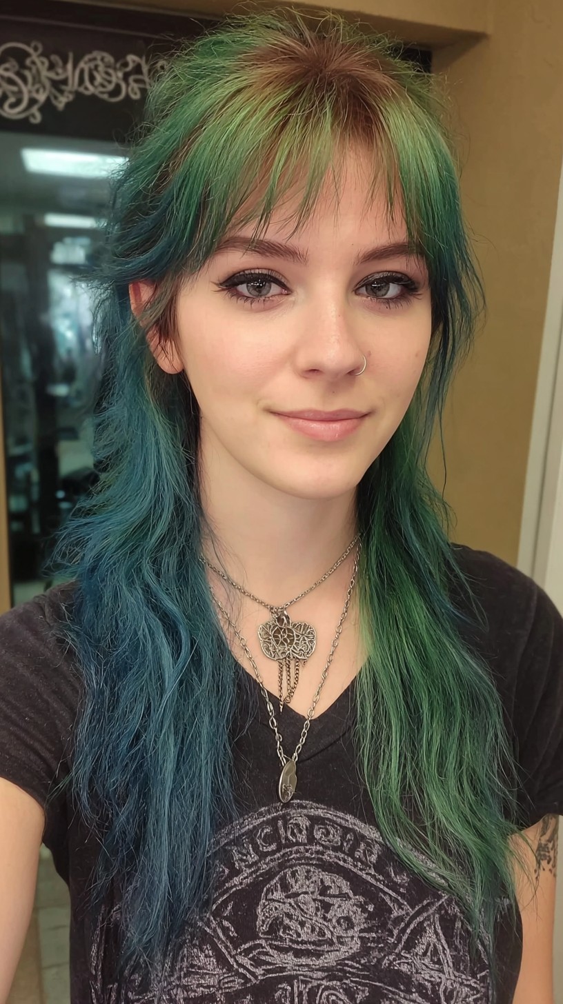 Emerald-and-Azure Tousled Waves with Distinctive Root Fade