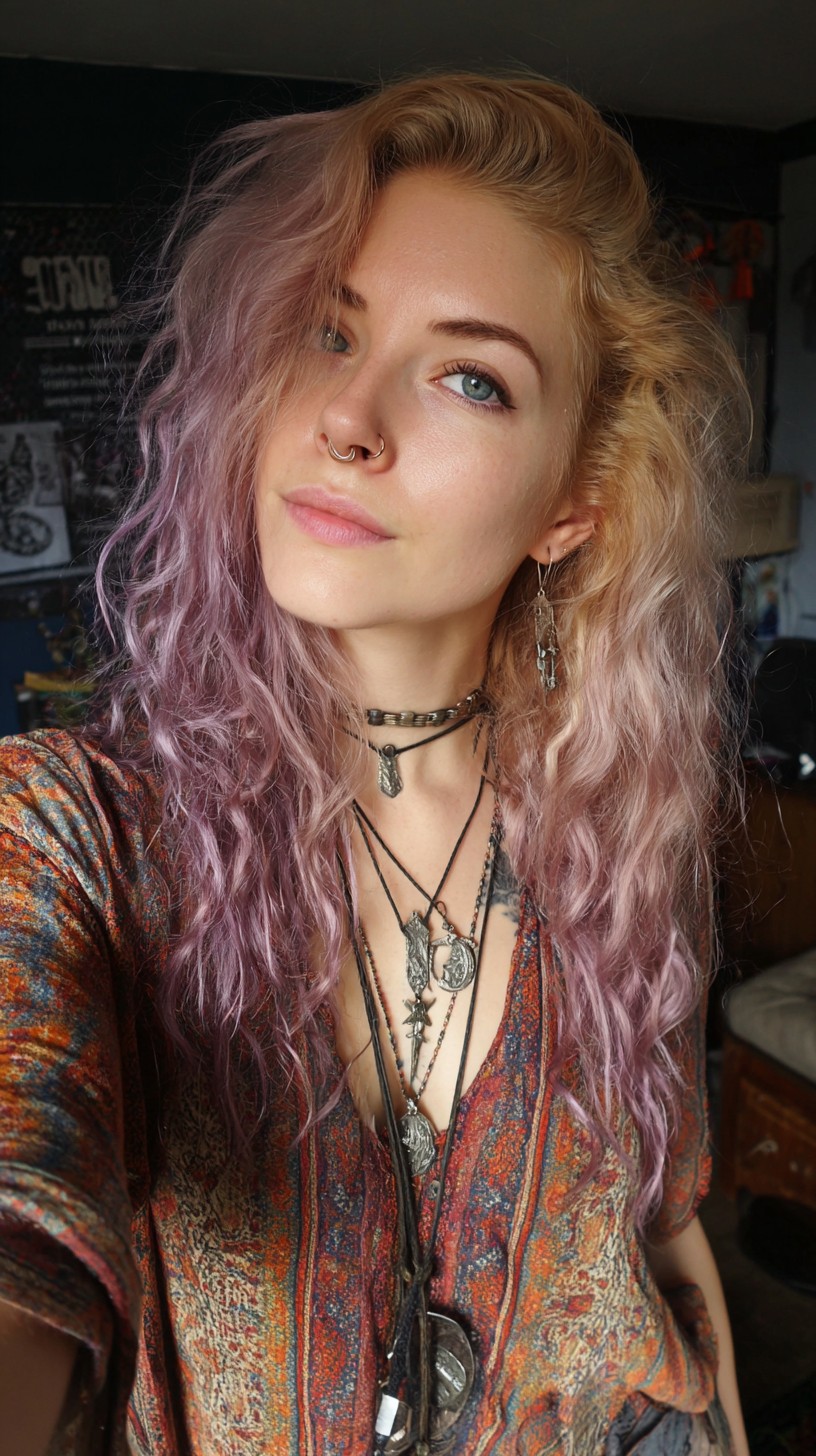 Lavender-to-Rose Wavy Gradient with Natural Roots