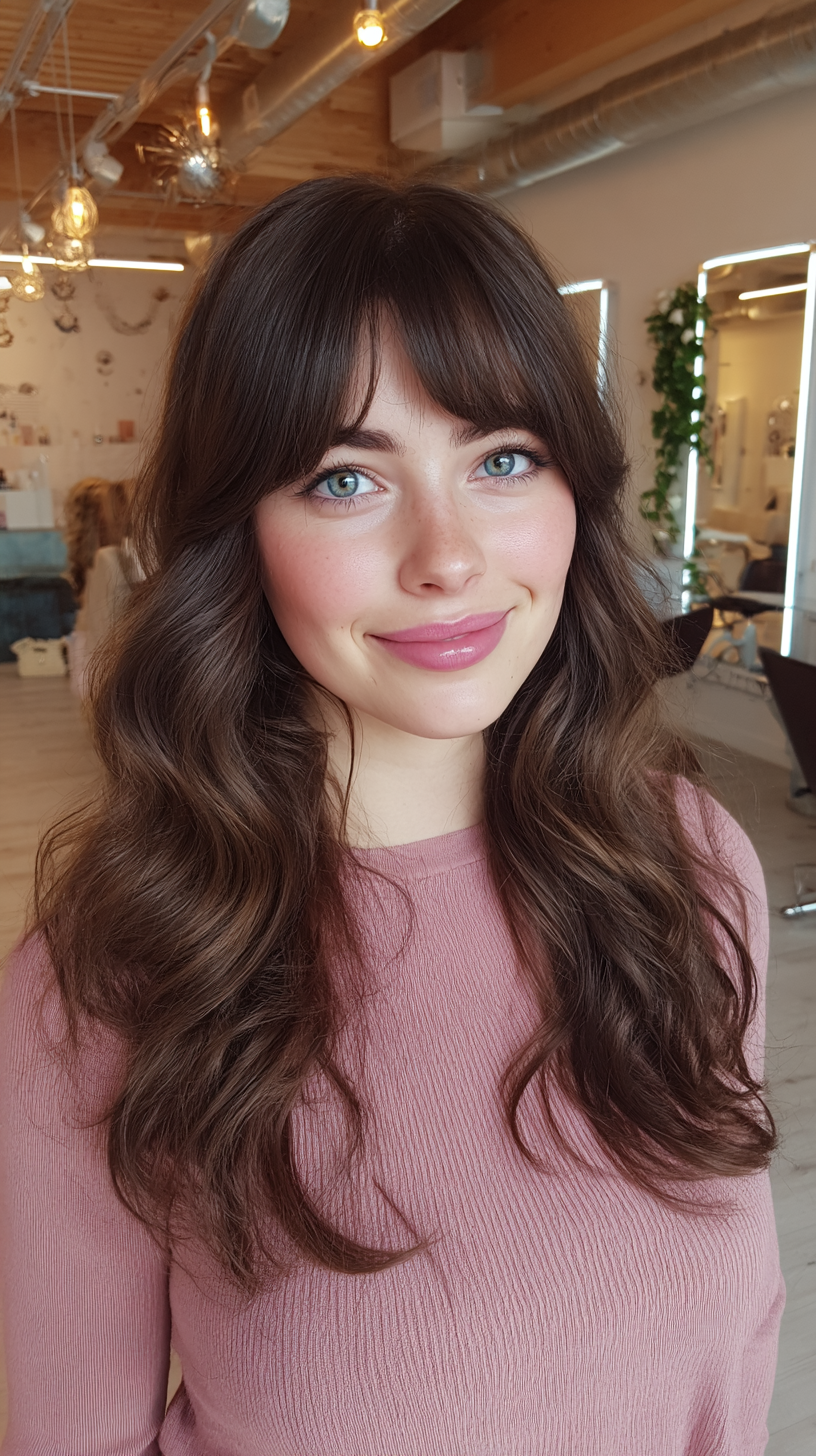 Long Natural Waves with Soft Blunt Bangs