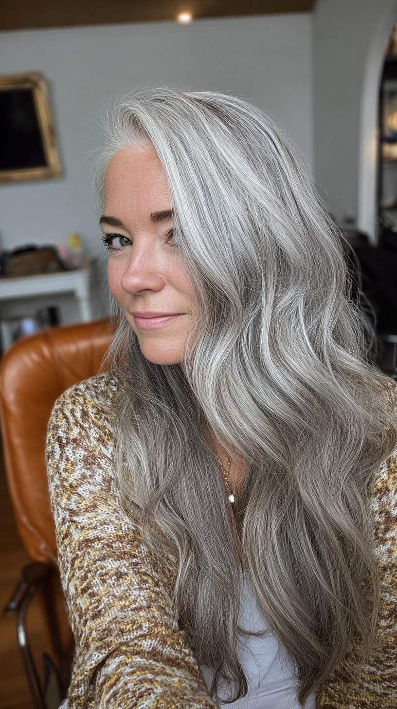 Luxurious Long Silver Layers with Soft Waves