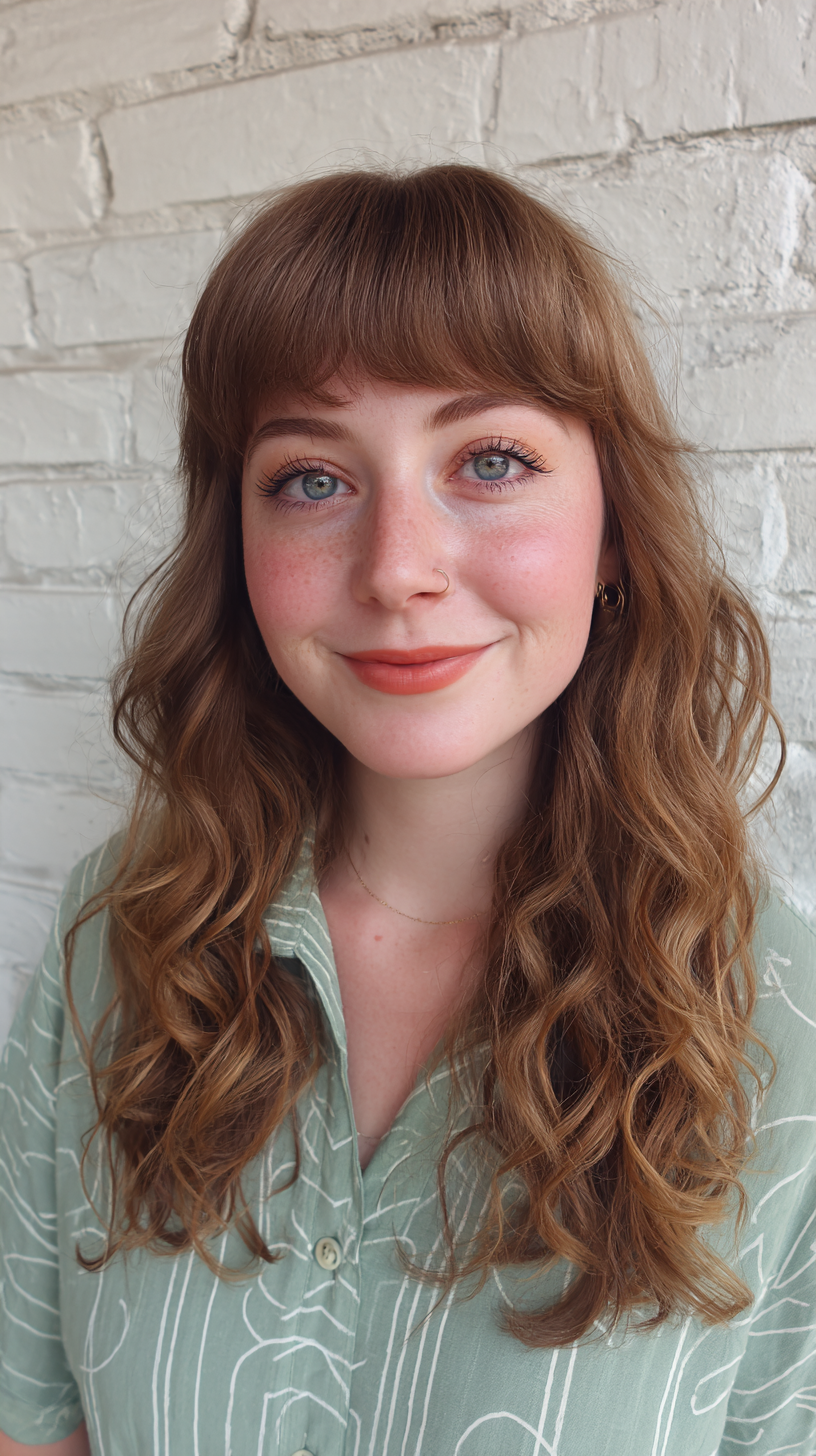Softly Curled Layers with Blunt Bangs