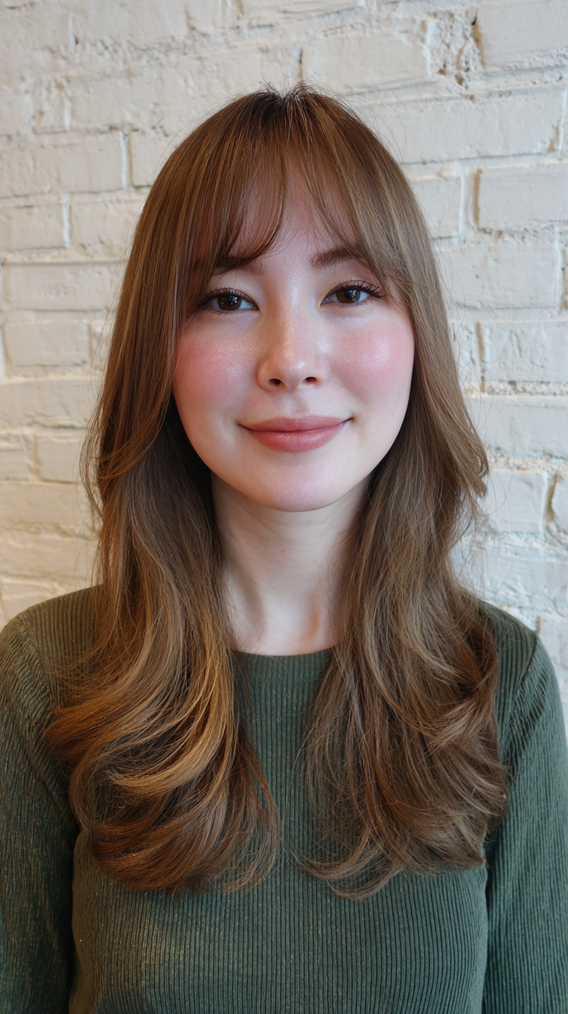 Softly Layered Long Hair with Subtle Face-Framing Bangs