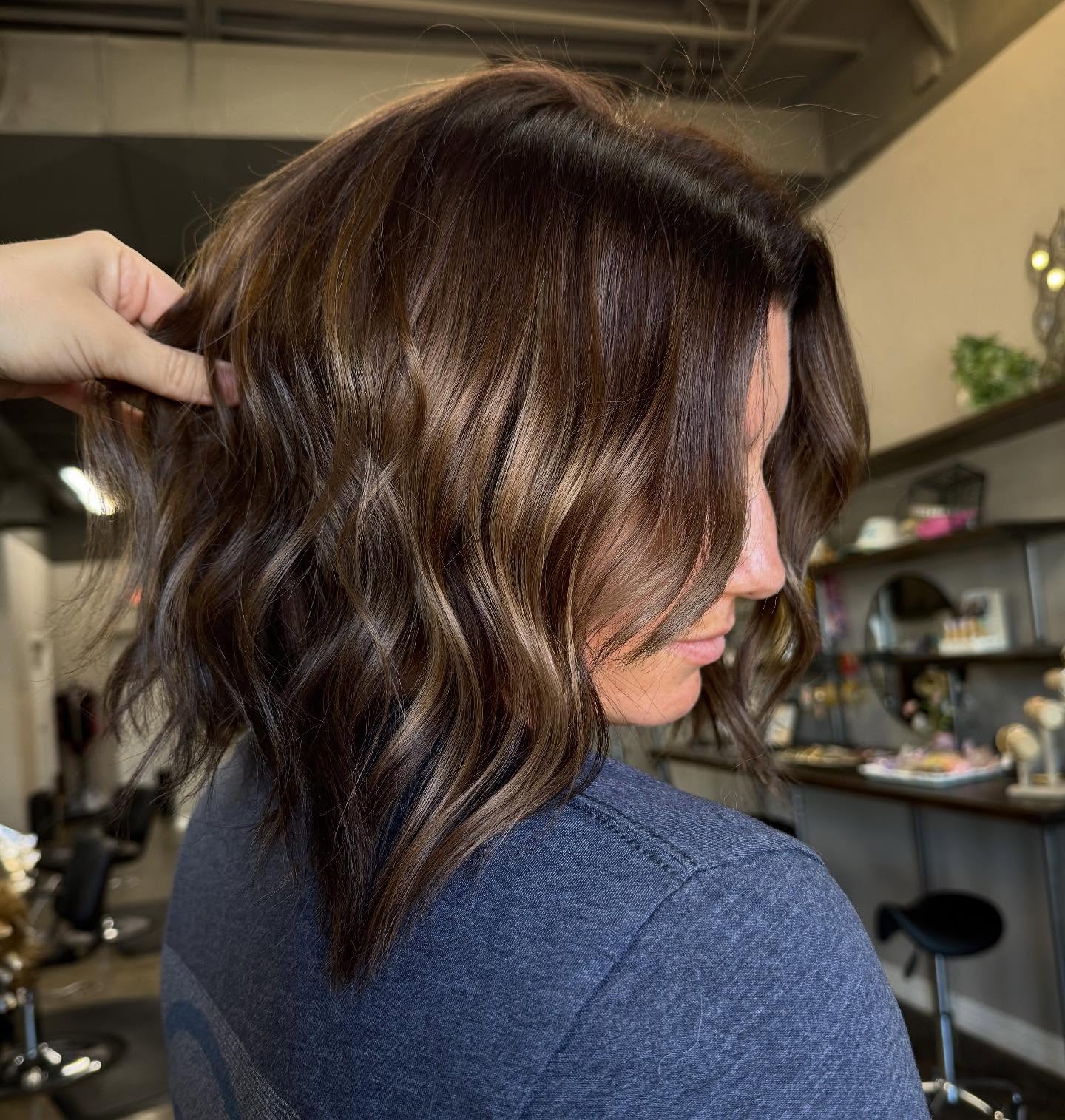 Rich Espresso Tousled Bob with Caramel Highlights