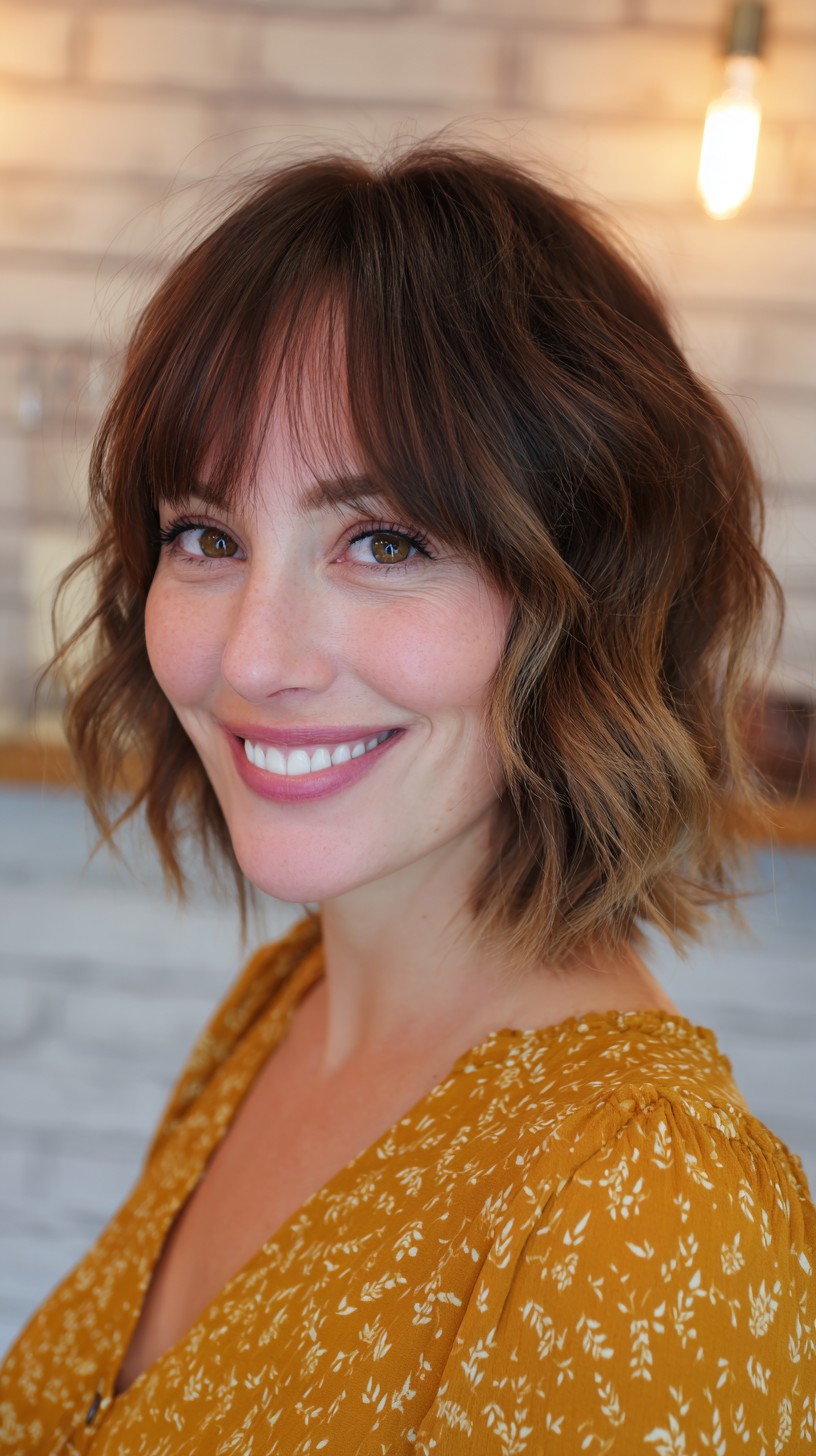 Charming Cinnamon Bob with Soft Bangs and Wavy Ends