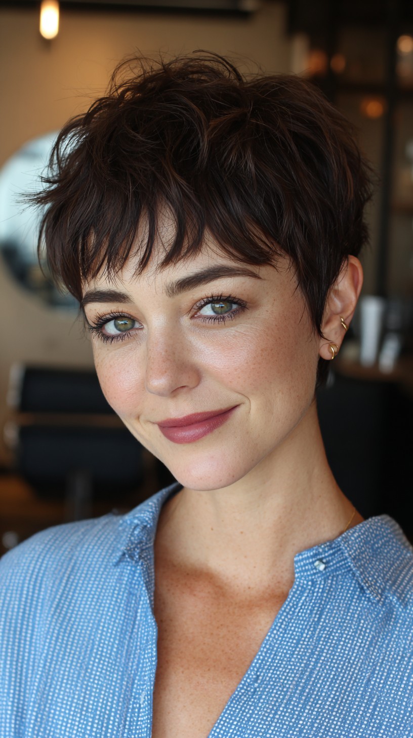 Chic Textured Brunette Pixie with Feathered Bangs