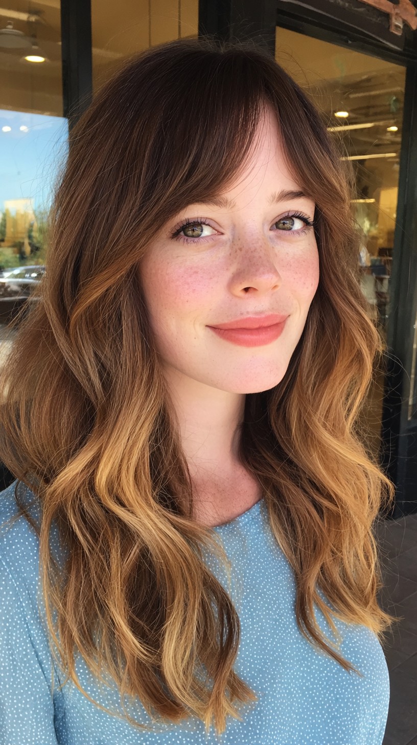 Soft Chestnut Waves with Curtain Bangs