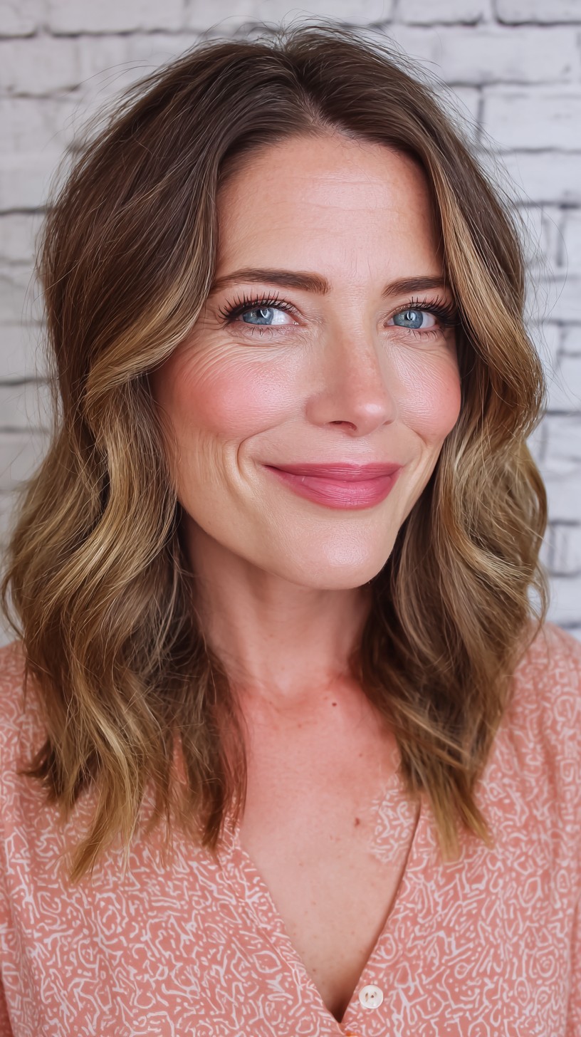 Subtle Chestnut Waves with Blonde Highlights