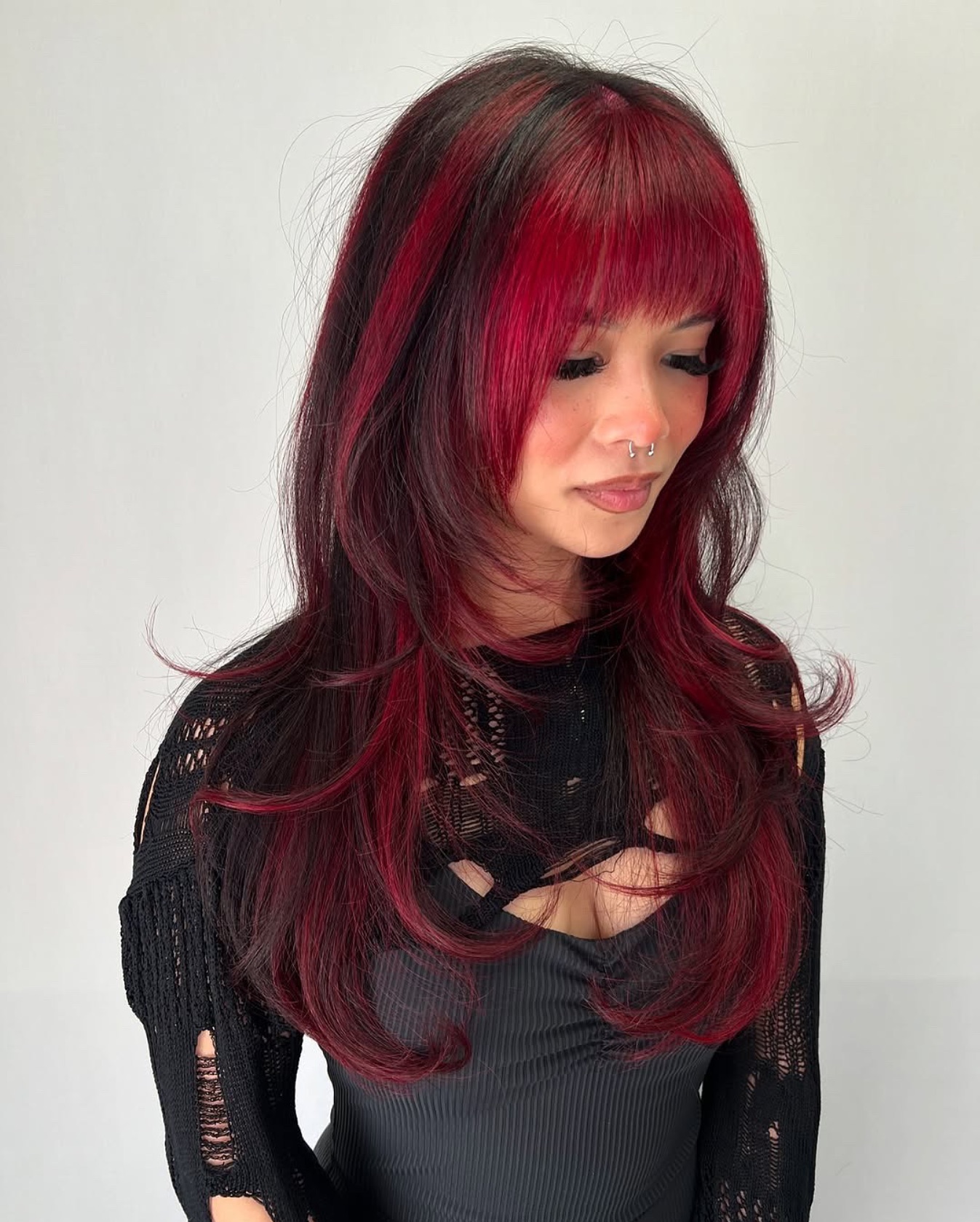 Bold Red Cherry Layered Fringe with Subtle Waves