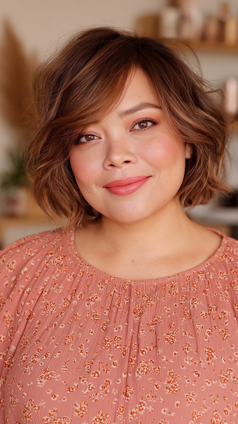 Charming Chestnut Wavy Bob for Round Faces