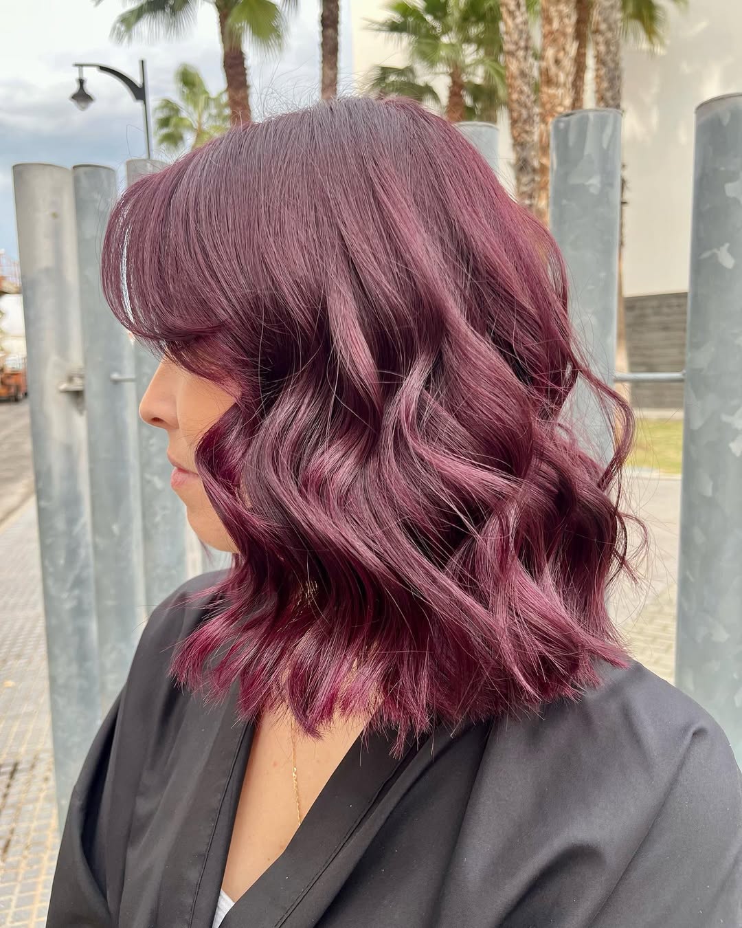 Chic Tousled Red Cherry Lob with Soft Waves