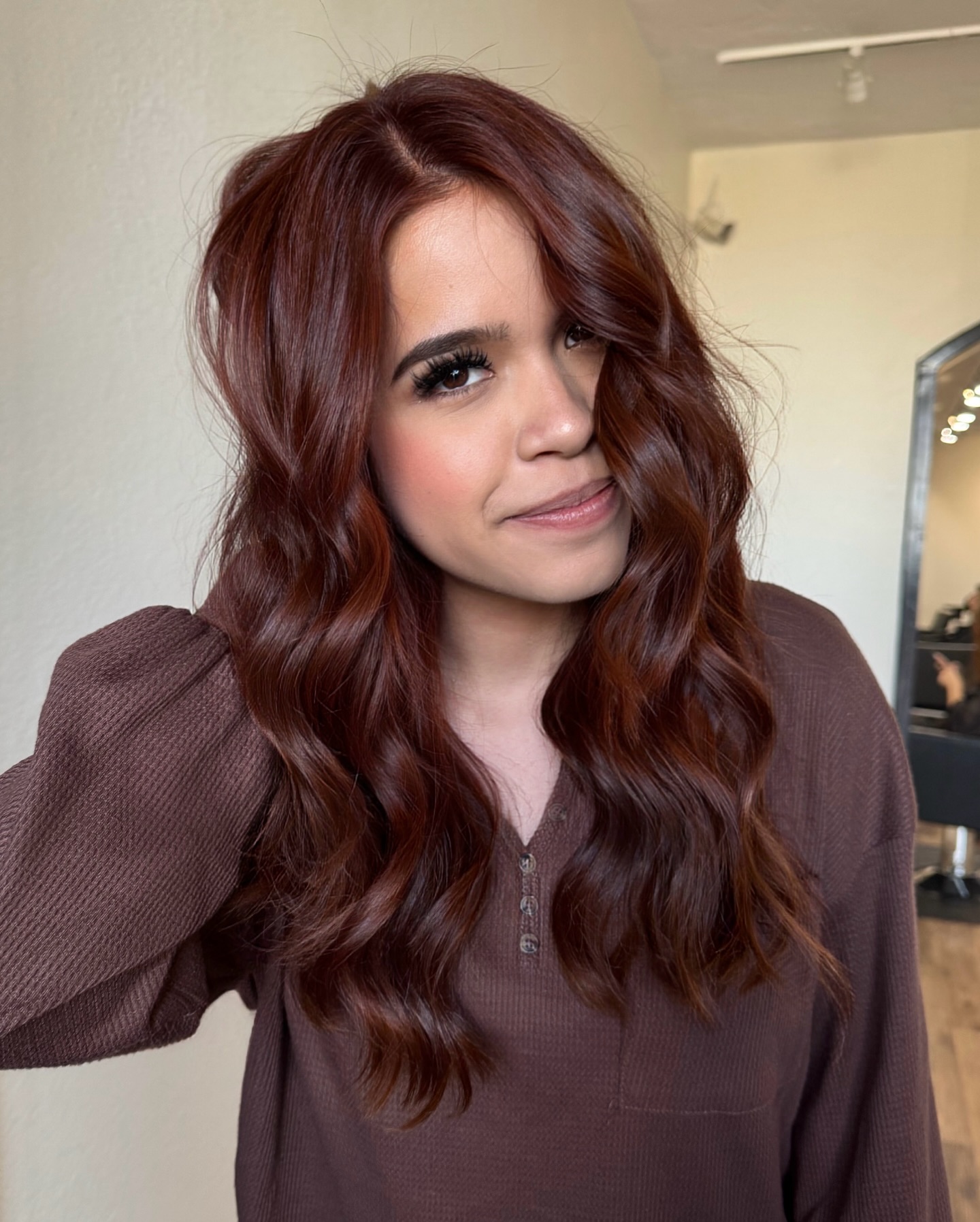 Effortless Red Cherry Tousled Locks with Soft Waves