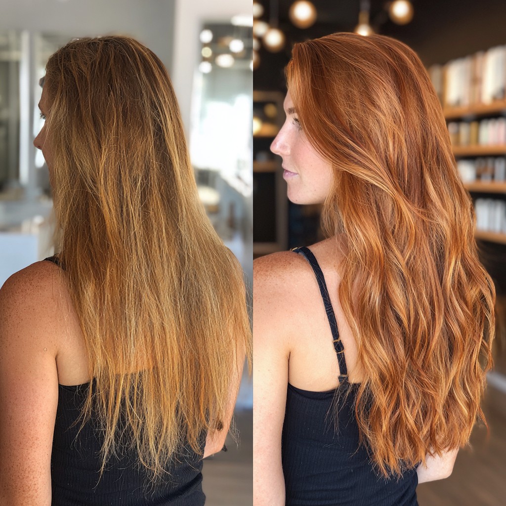 Sleek Blonde Transition into Rich Red Curls