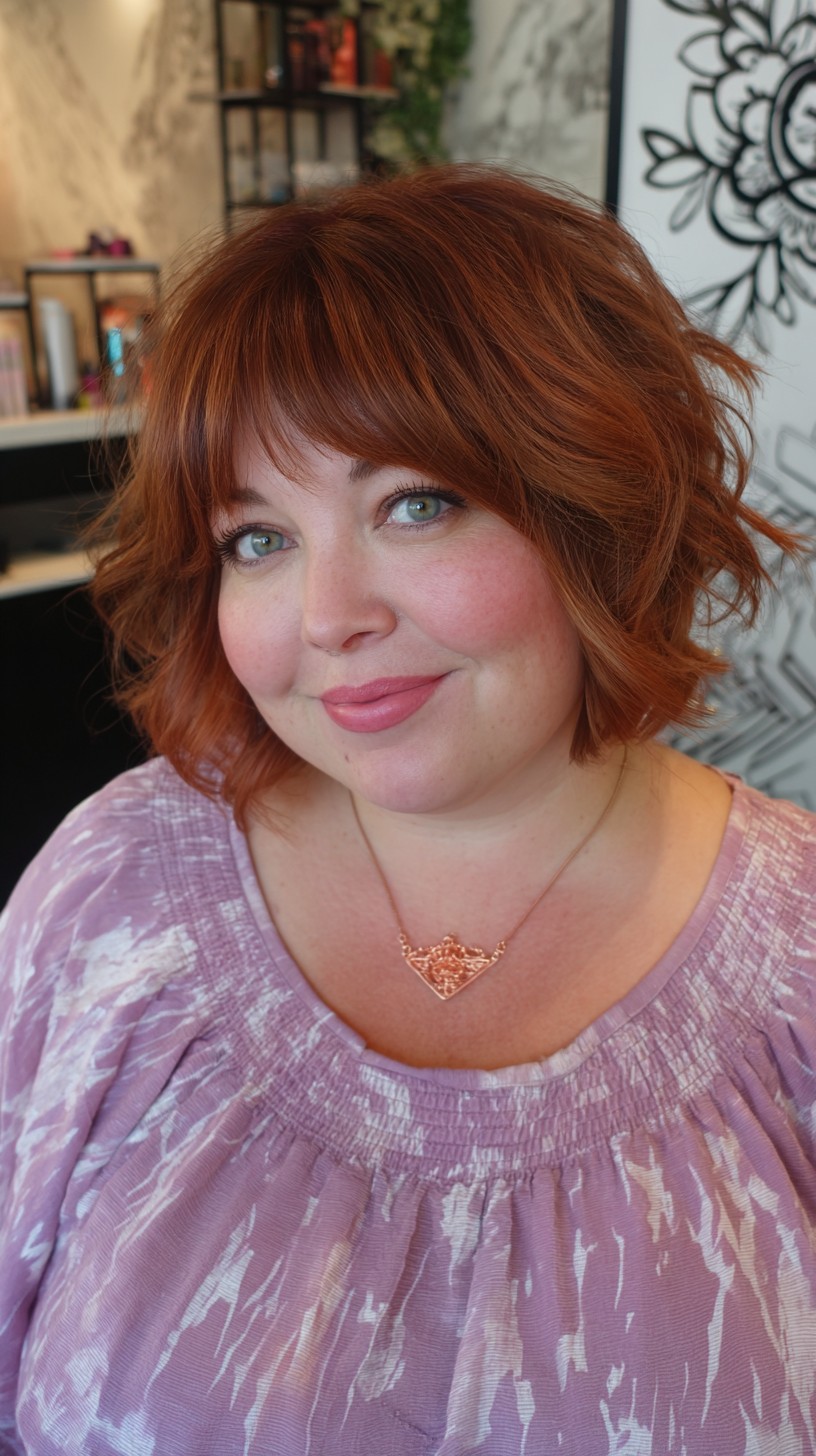 Vibrant Copper Bob with Swooping Bangs