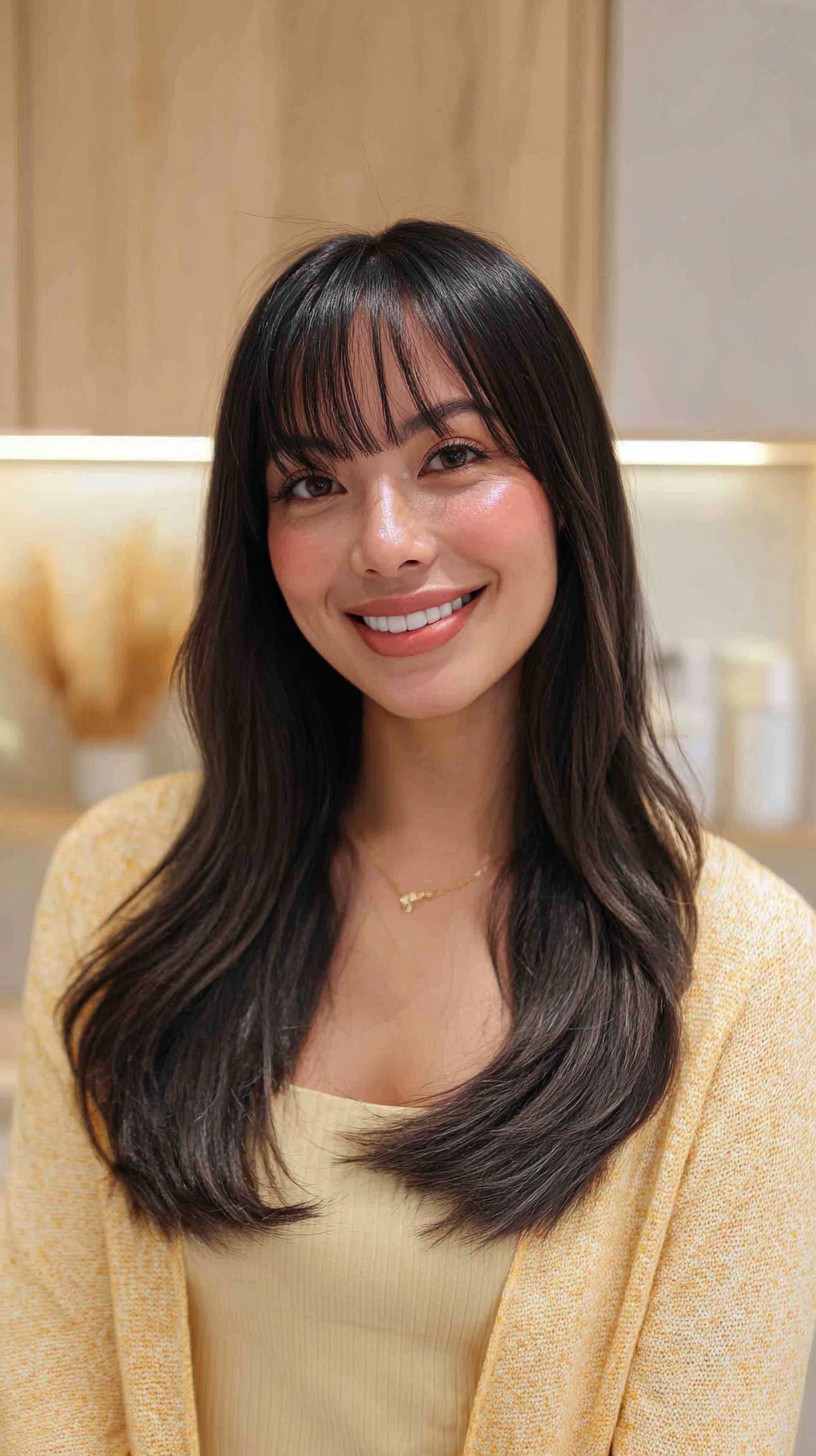 Flowing Midnight Locks with Sleek Feathered Bangs