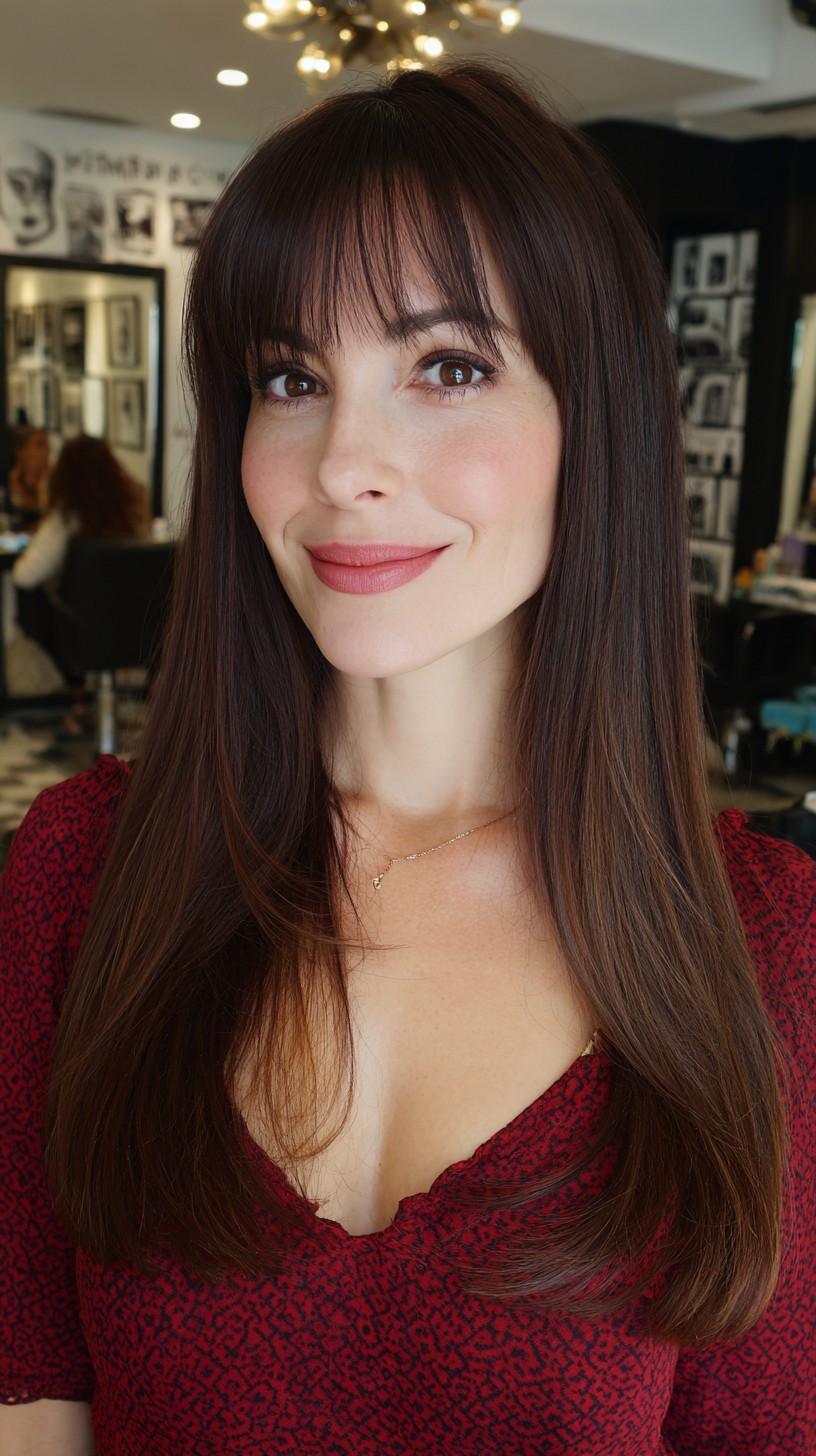 Glossy Brunette Mane with Precision-Cut Bangs