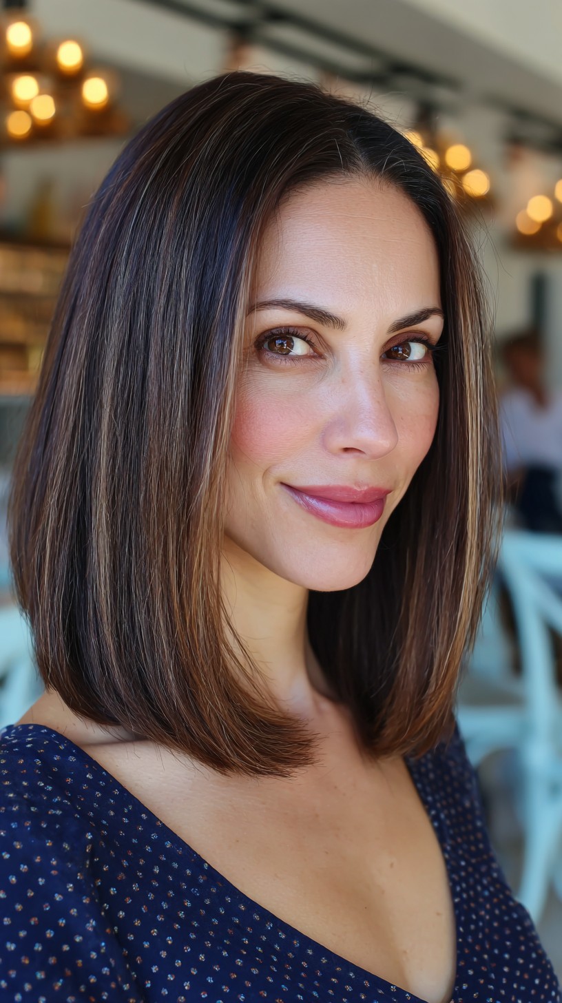 Sleek Brunette Lob with Subtle Undulating Ends