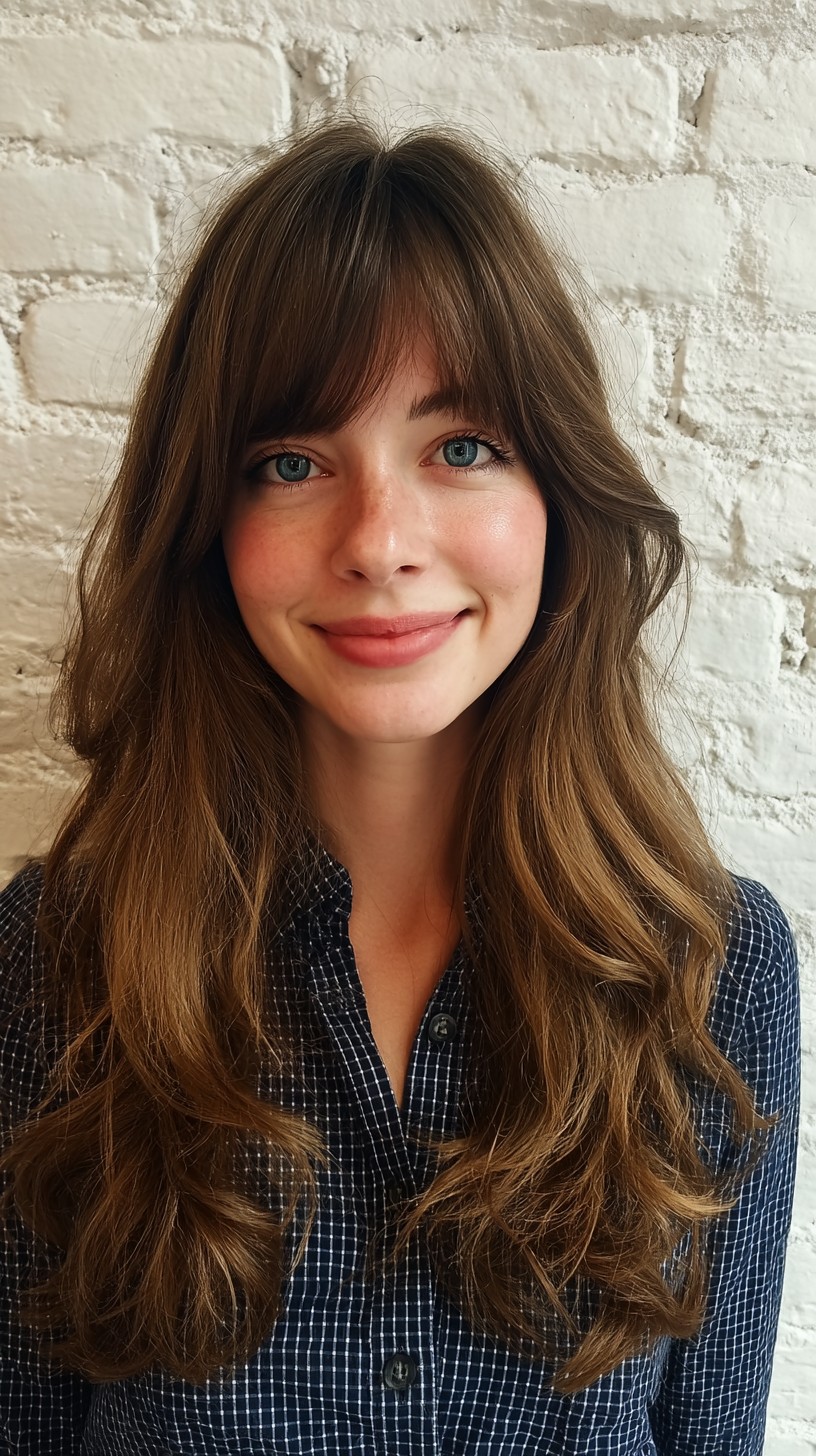 Tousled Chestnut Waves with Curtain Bangs