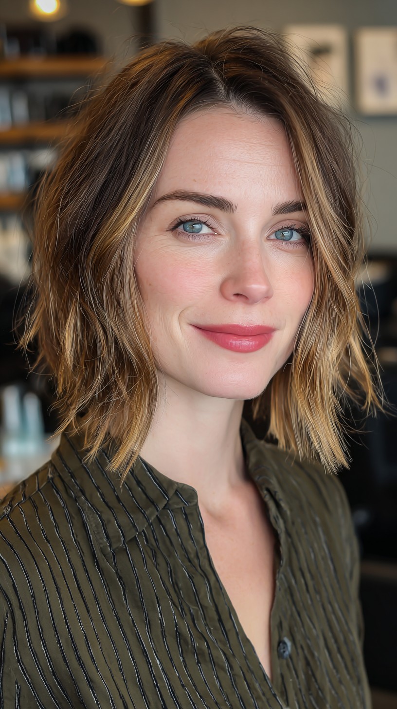 Tousled Sandy Blonde Lob with Subtle Waves