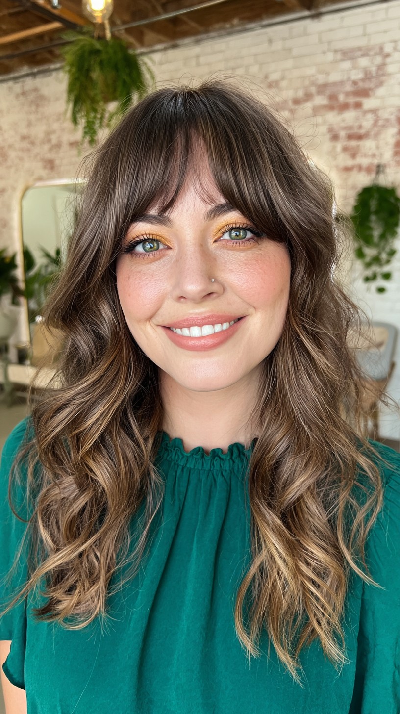 Wavy Brunette Layers with Soft Curtain Bangs