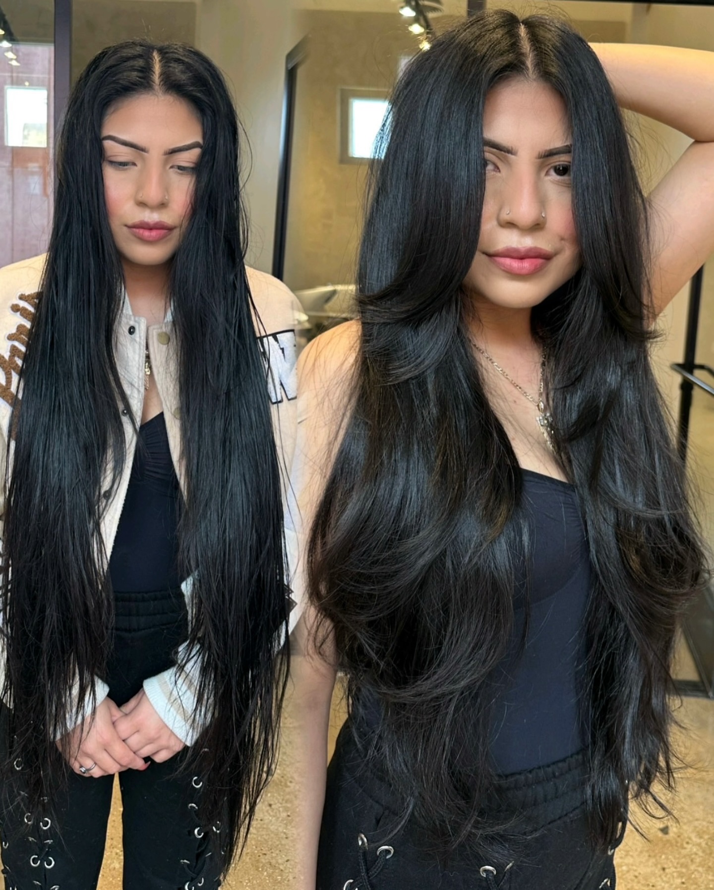 Glossy Raven Layers with Soft Face-Contouring