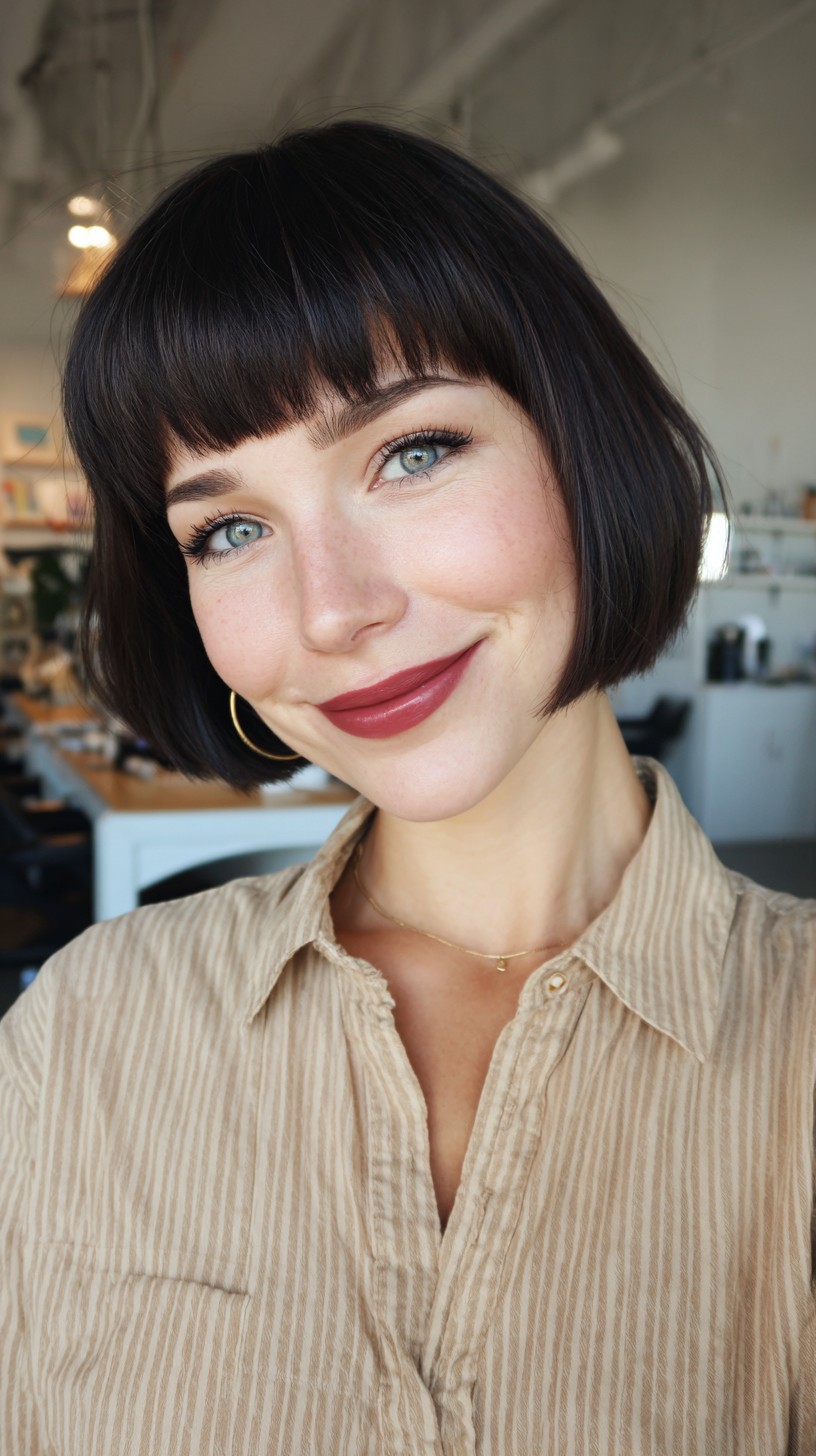 Polished Jet-Black Bob with Sleek Bangs