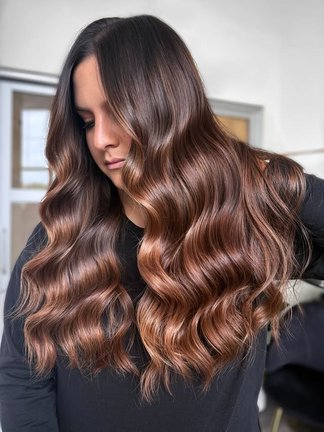 Cascading Copper Waves with Lush Chocolate Roots